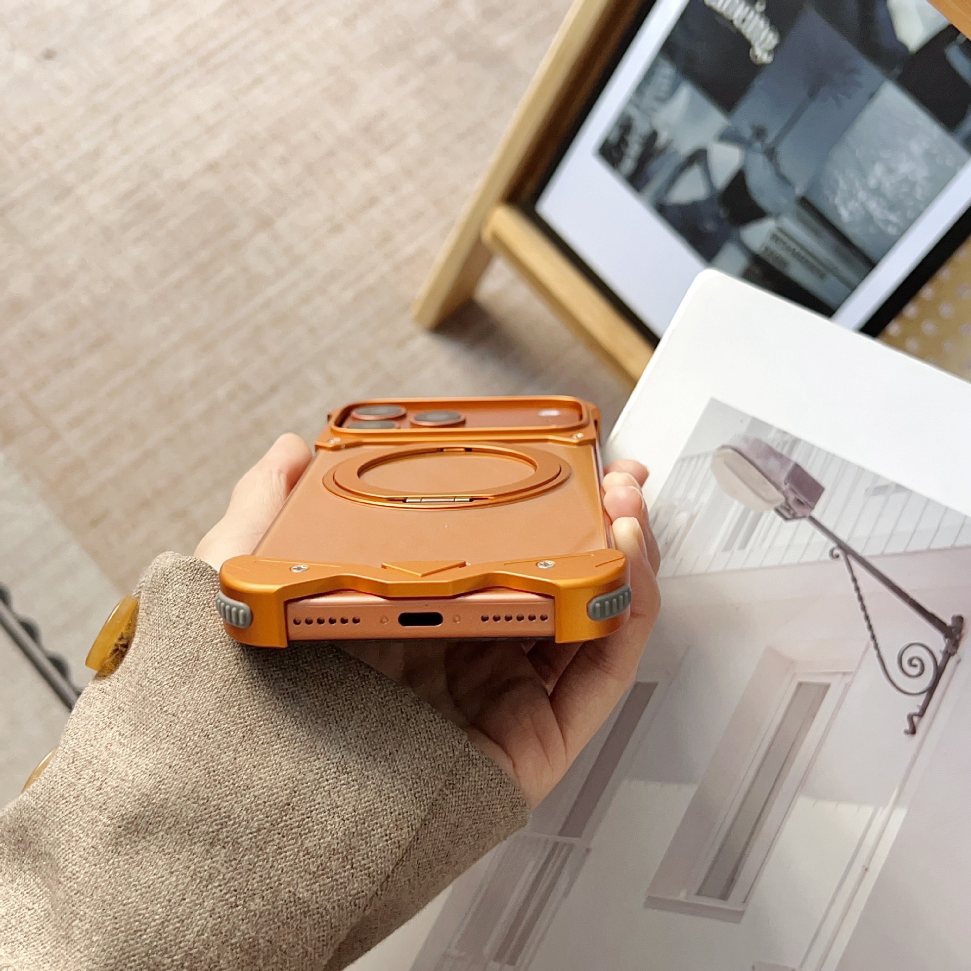 Metal transparent back panel magnetic rotating stand phone case