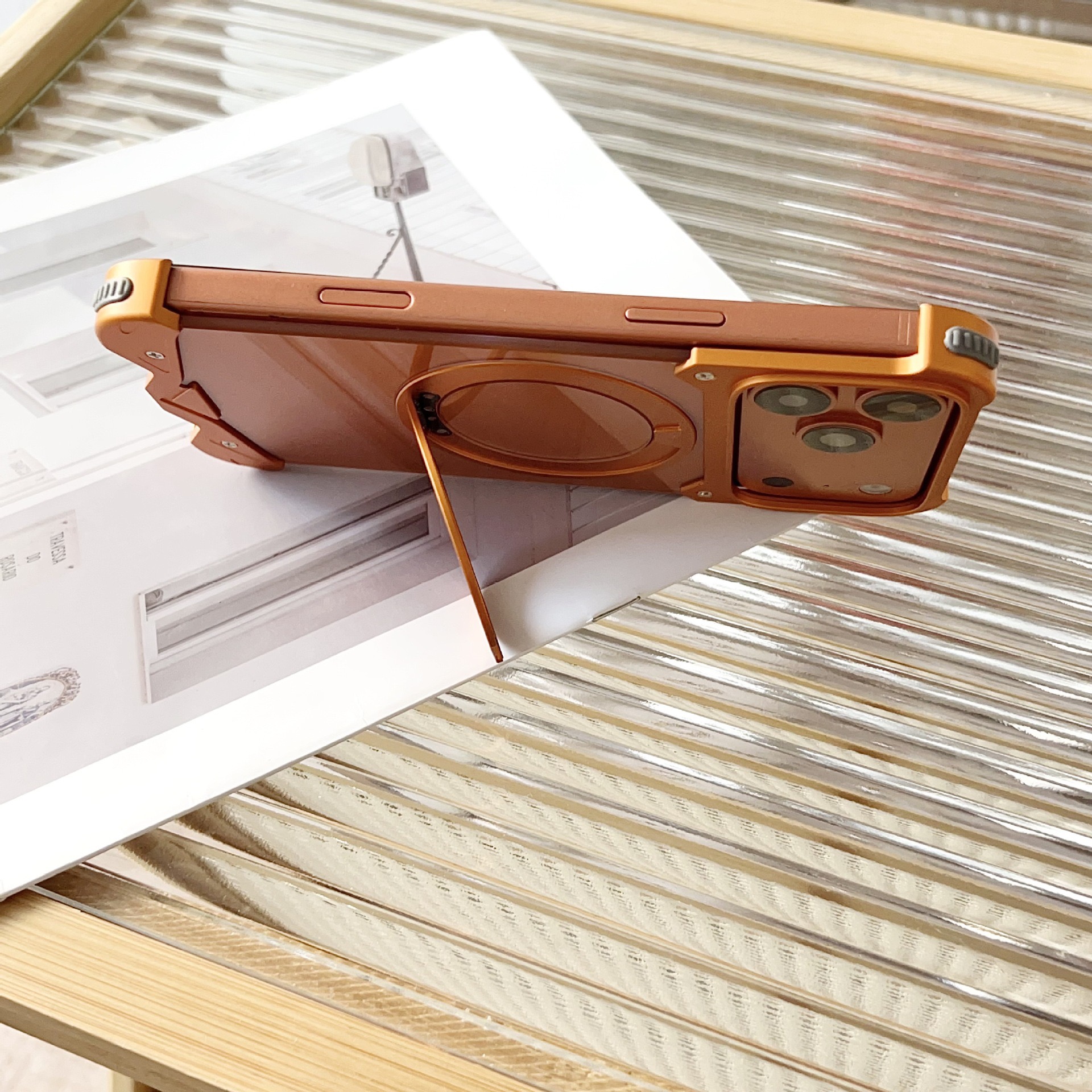 Metal transparent back panel magnetic rotating stand phone case