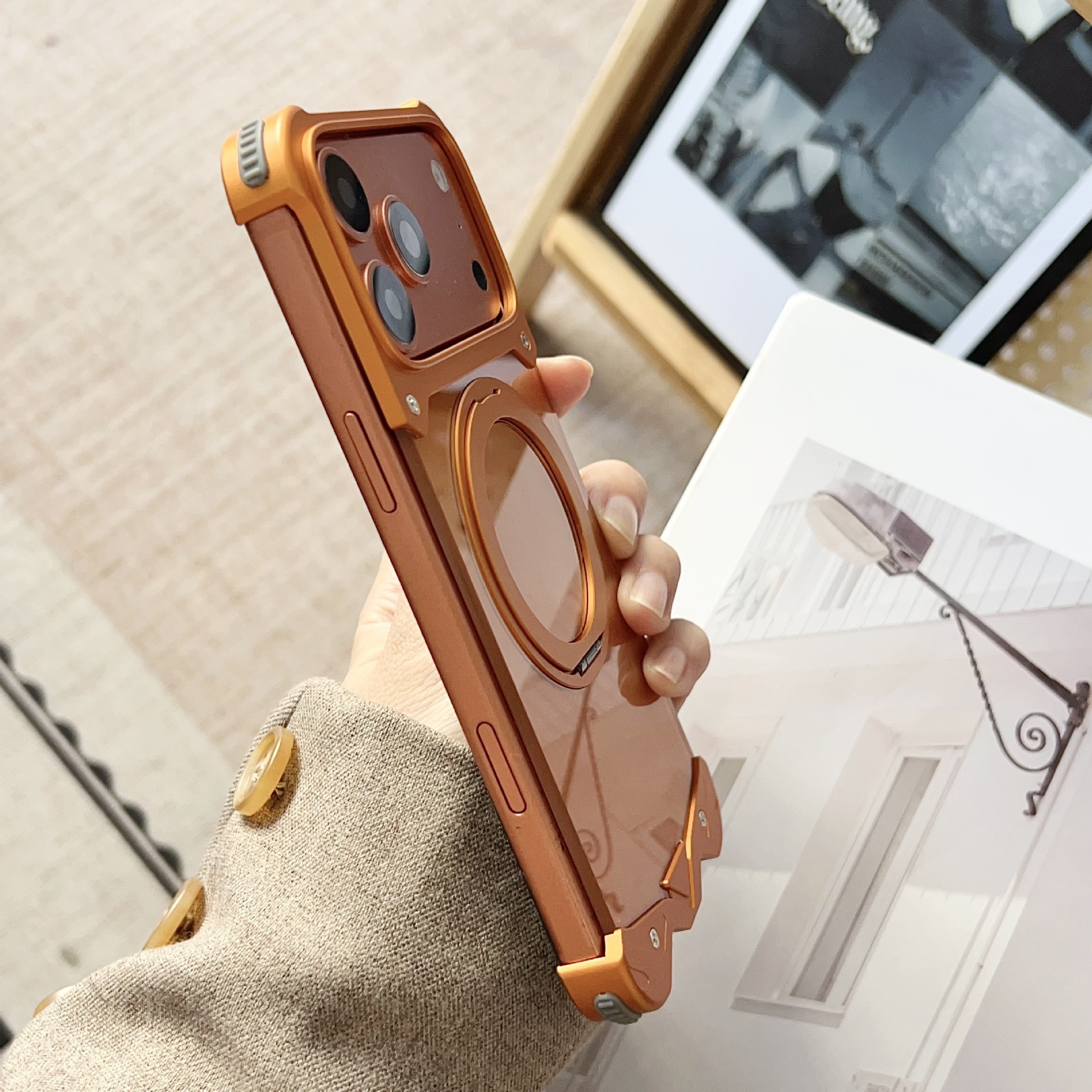 Metal transparent back panel magnetic rotating stand phone case