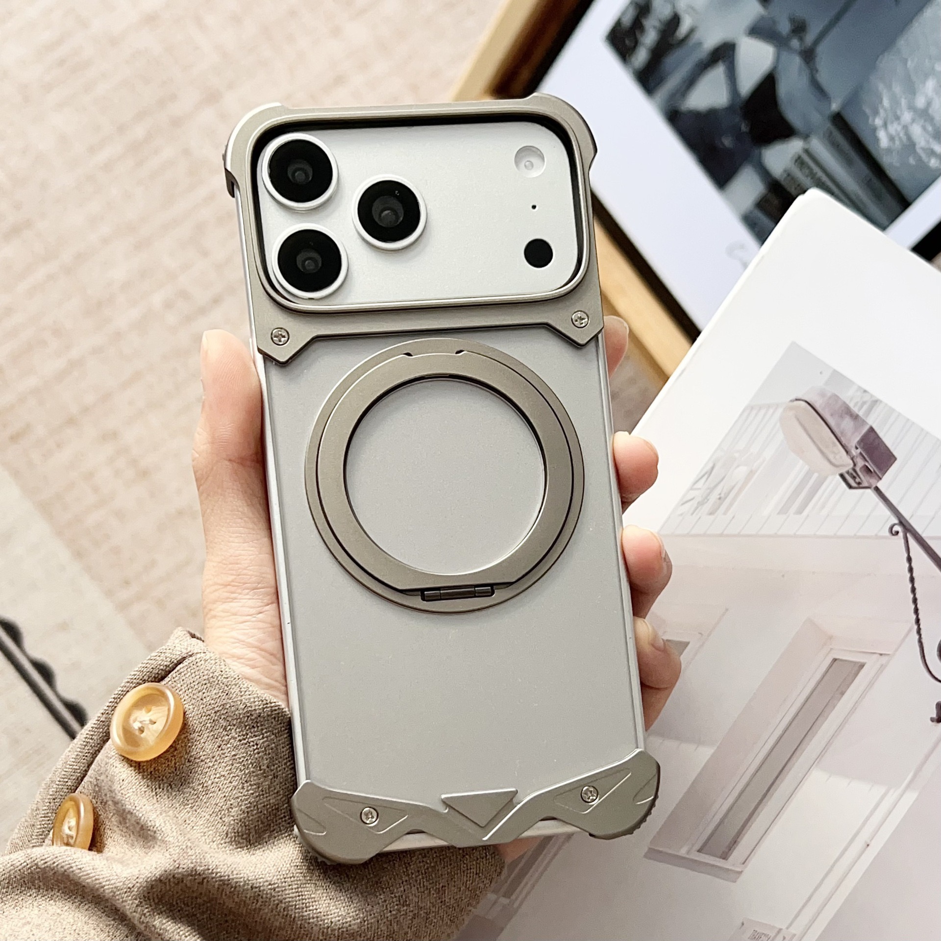 Metal transparent back panel magnetic rotating stand phone case