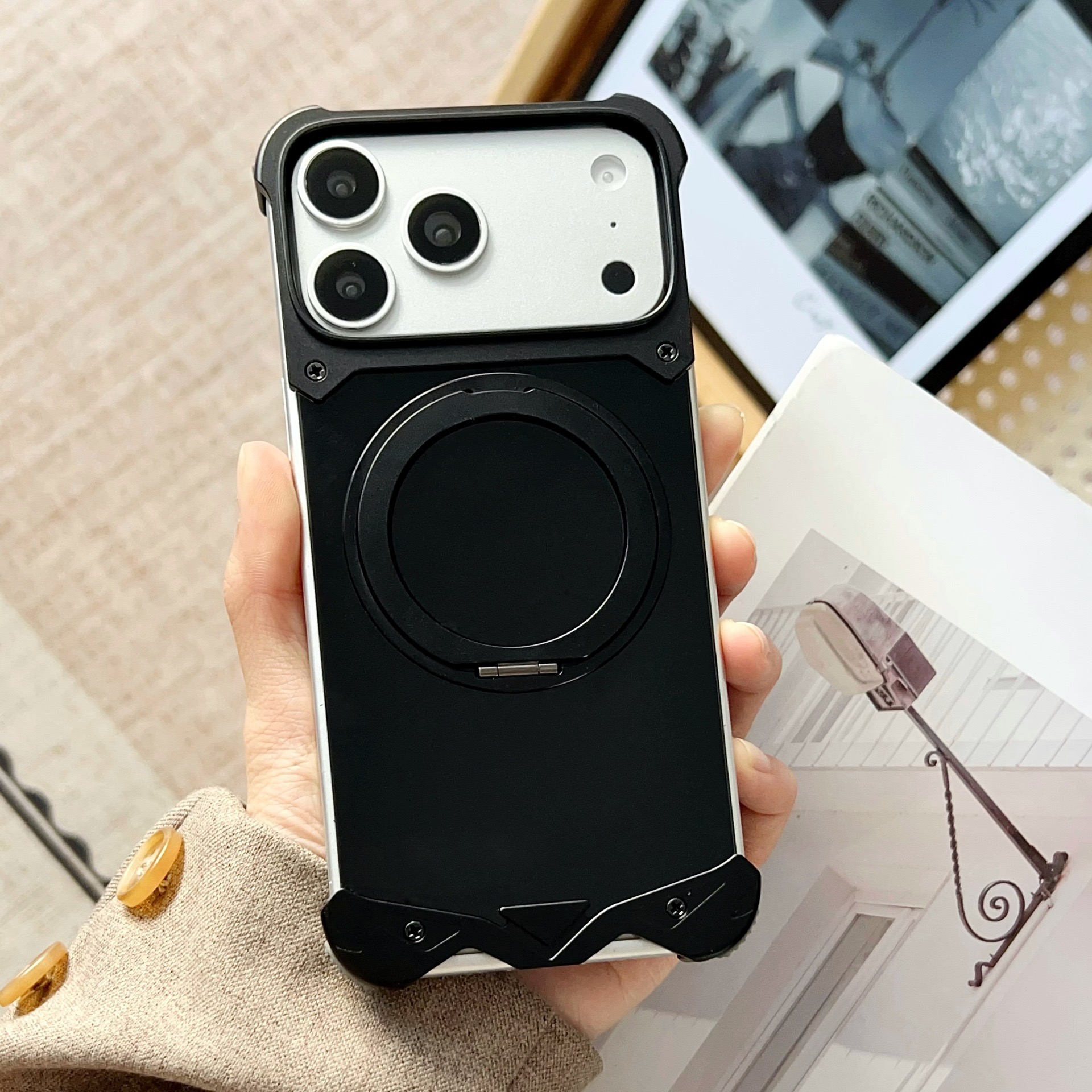 Metal transparent back panel magnetic rotating stand phone case