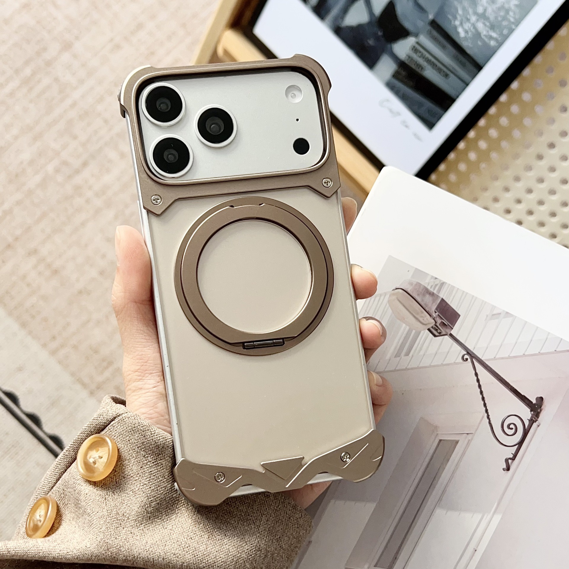 Metal transparent back panel magnetic rotating stand phone case