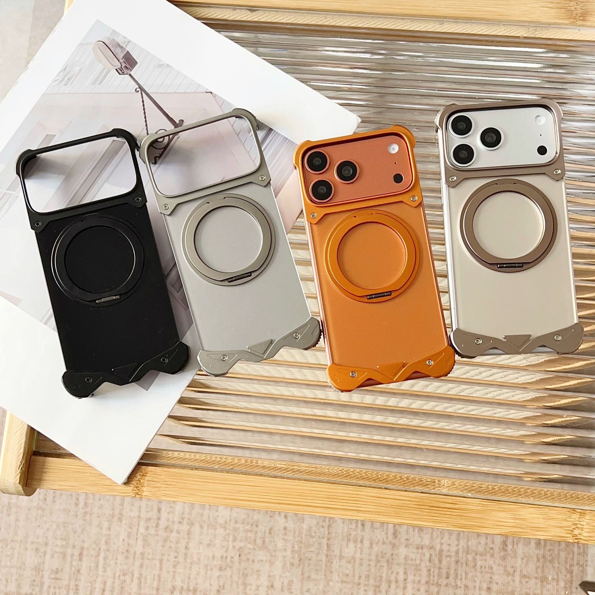 Metal transparent back panel magnetic rotating stand phone case