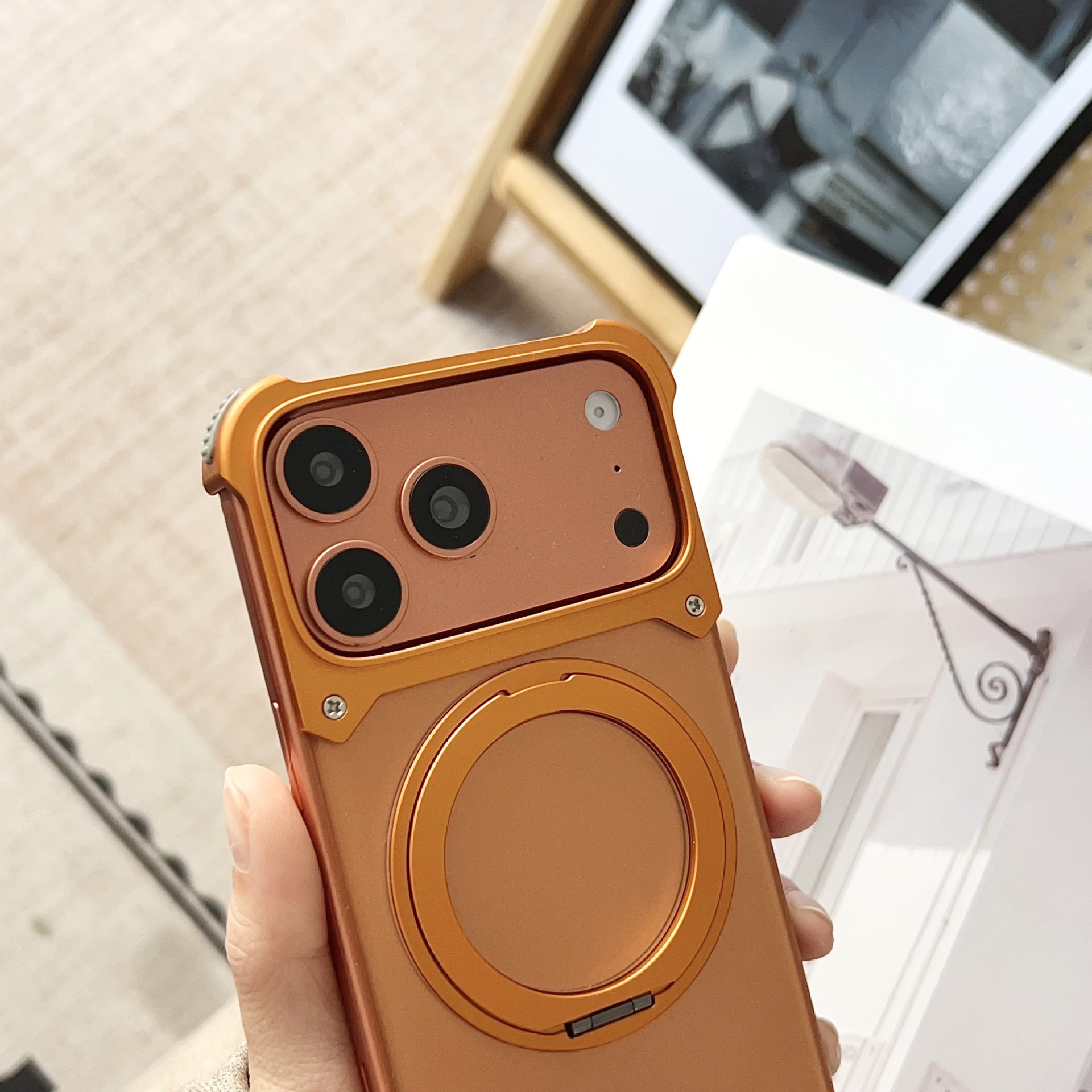 Metal transparent back panel magnetic rotating stand phone case