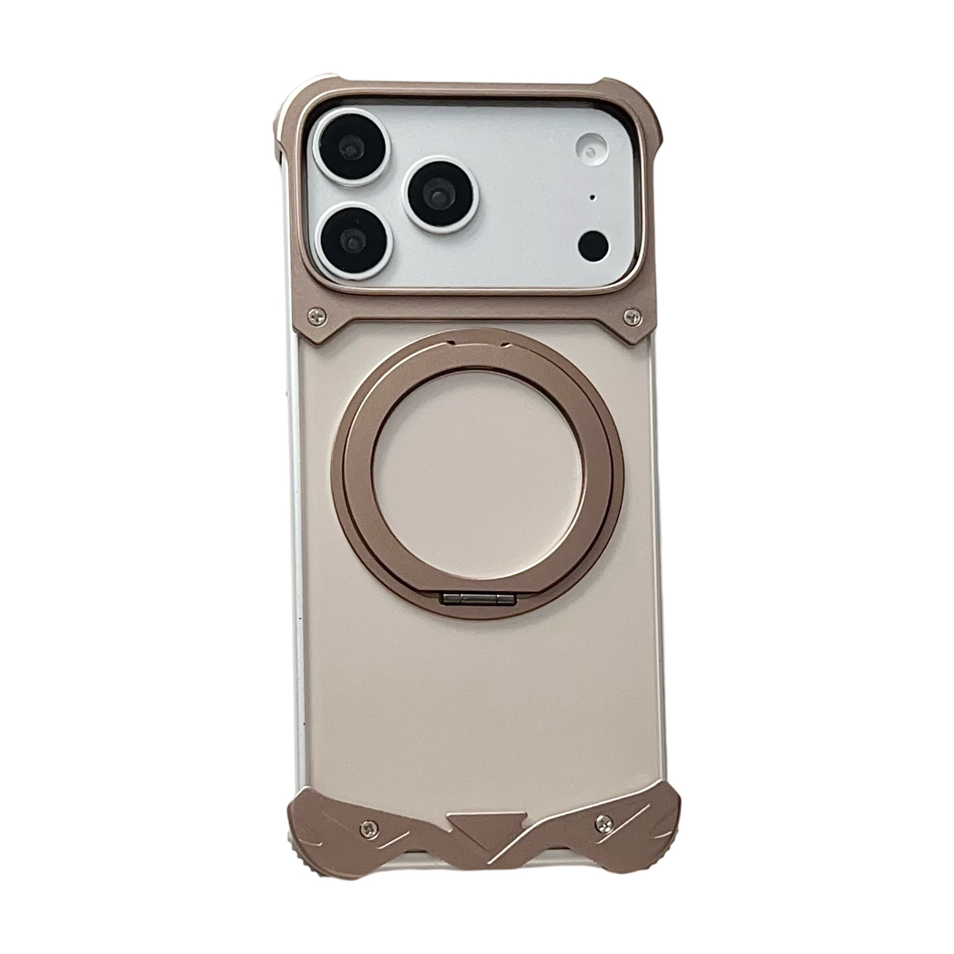 Metal transparent back panel magnetic rotating stand phone case