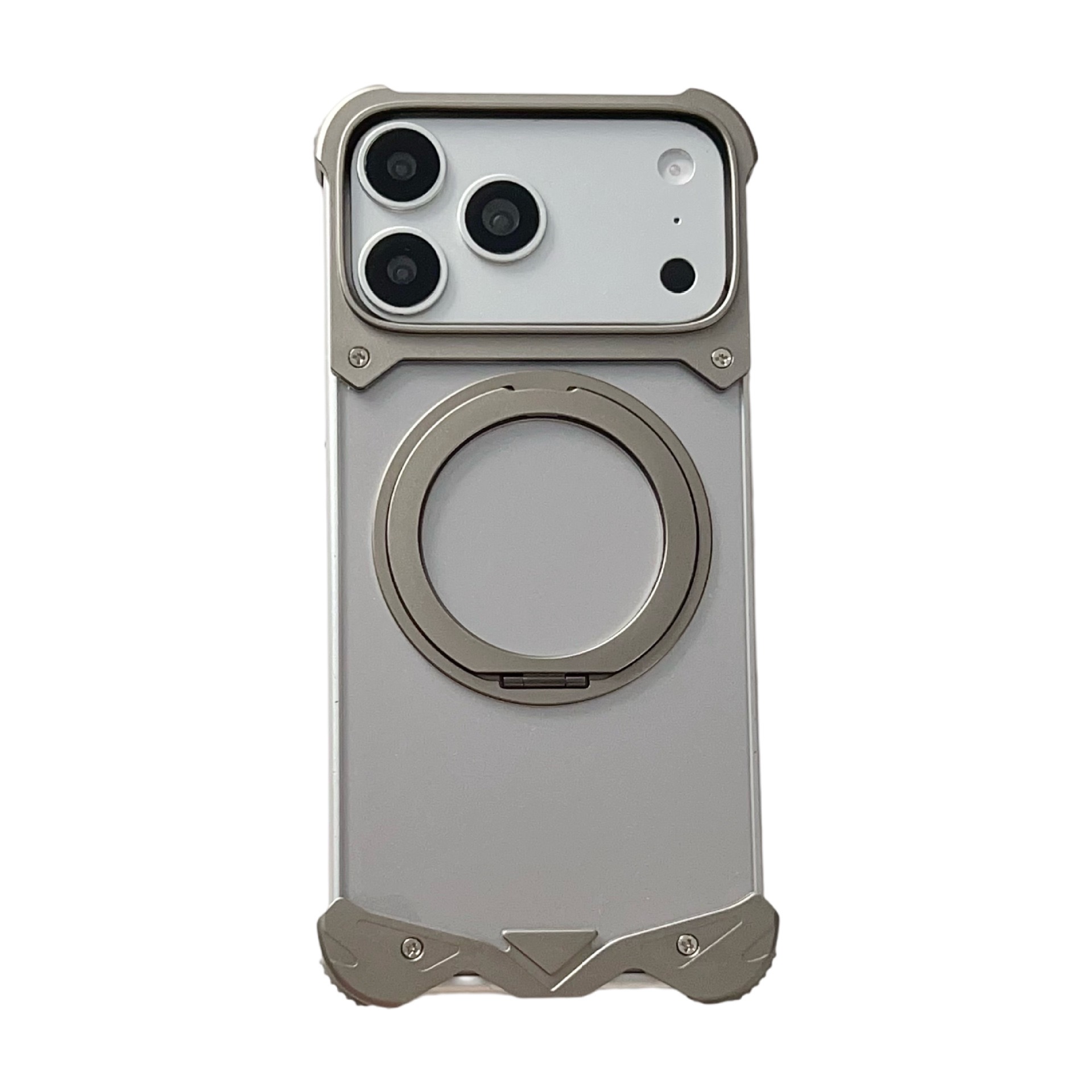 Metal transparent back panel magnetic rotating stand phone case