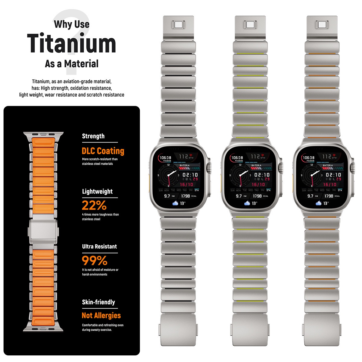 Hardened Scratch-Resistant Titanium Stainless Steel Magnetic Clasp Compatible with Apple Watch bands 42/46/38/40/41/44/45/49mm for iWatch Series 11 10 9 8 7 6 5 4 SE/Ultra 3-MGD CASE