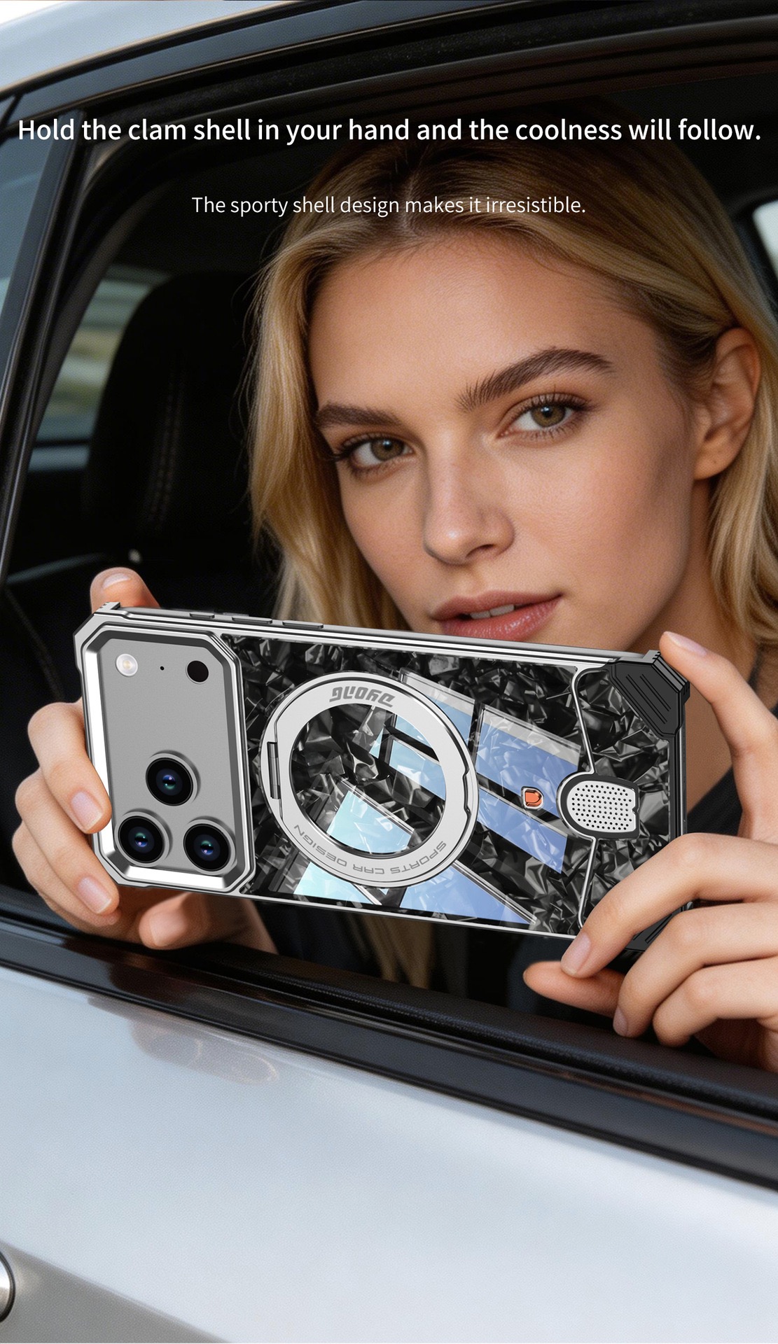 Mecha-style marble pattern magnetic rotating phone case