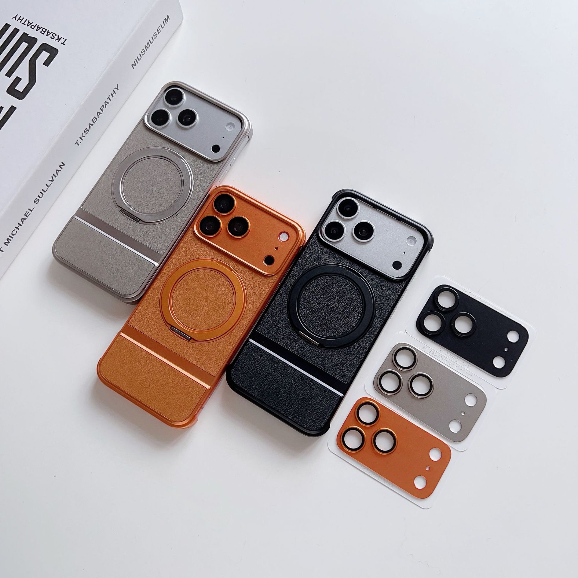 Luxury Leather Textured Telescopic Metal Magnetic Rotating Stand Phone Case