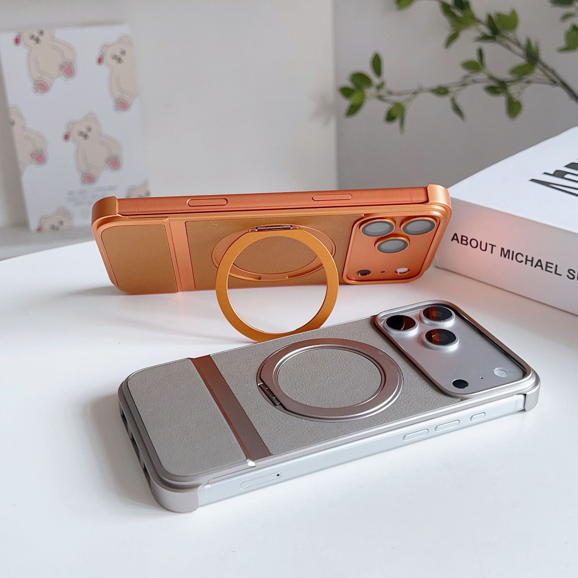 Luxury Leather Textured Telescopic Metal Magnetic Rotating Stand Phone Case