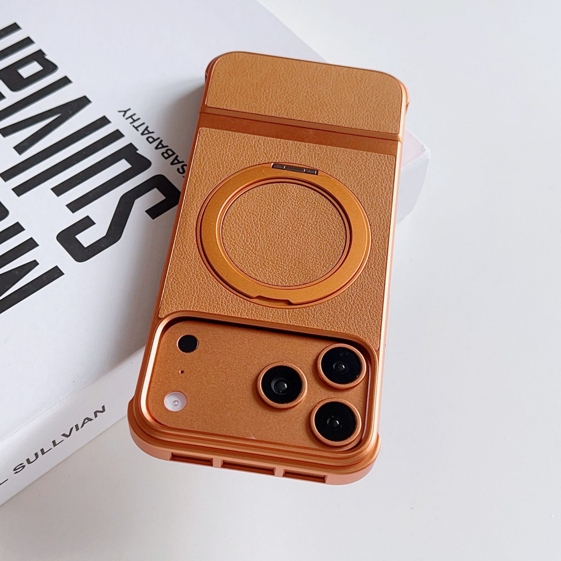 Luxury Leather Textured Telescopic Metal Magnetic Rotating Stand Phone Case