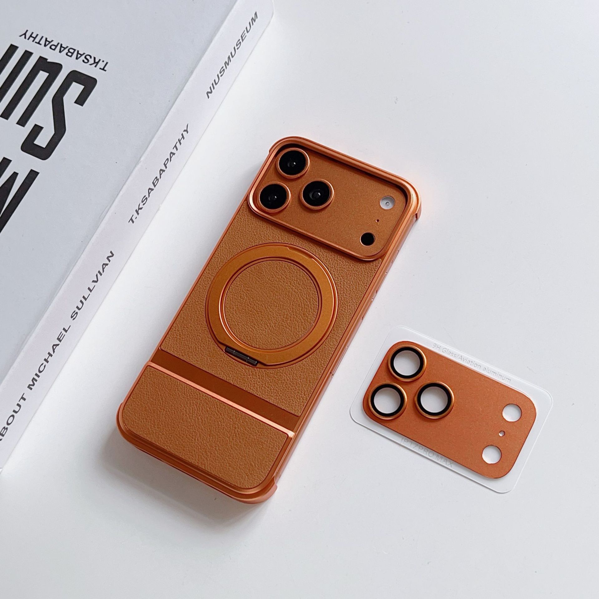 Luxury Leather Textured Telescopic Metal Magnetic Rotating Stand Phone Case