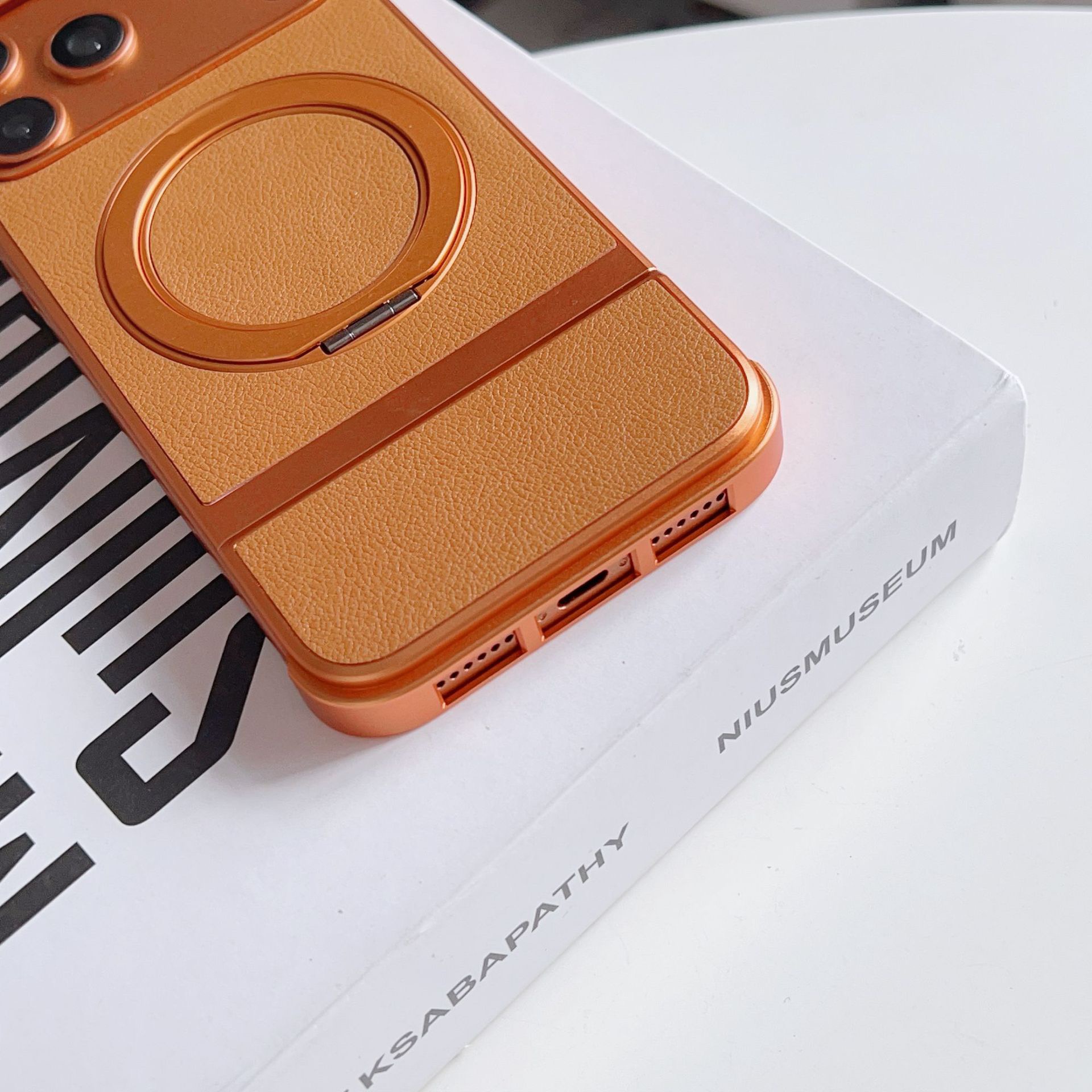 Luxury Leather Textured Telescopic Metal Magnetic Rotating Stand Phone Case