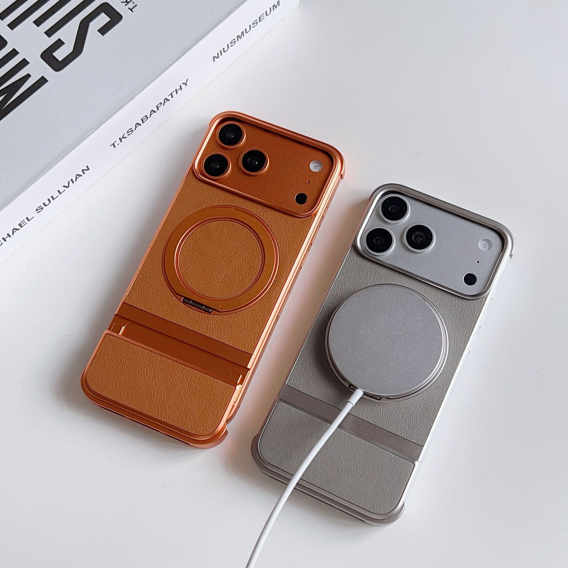 Luxury Leather Textured Telescopic Metal Magnetic Rotating Stand Phone Case