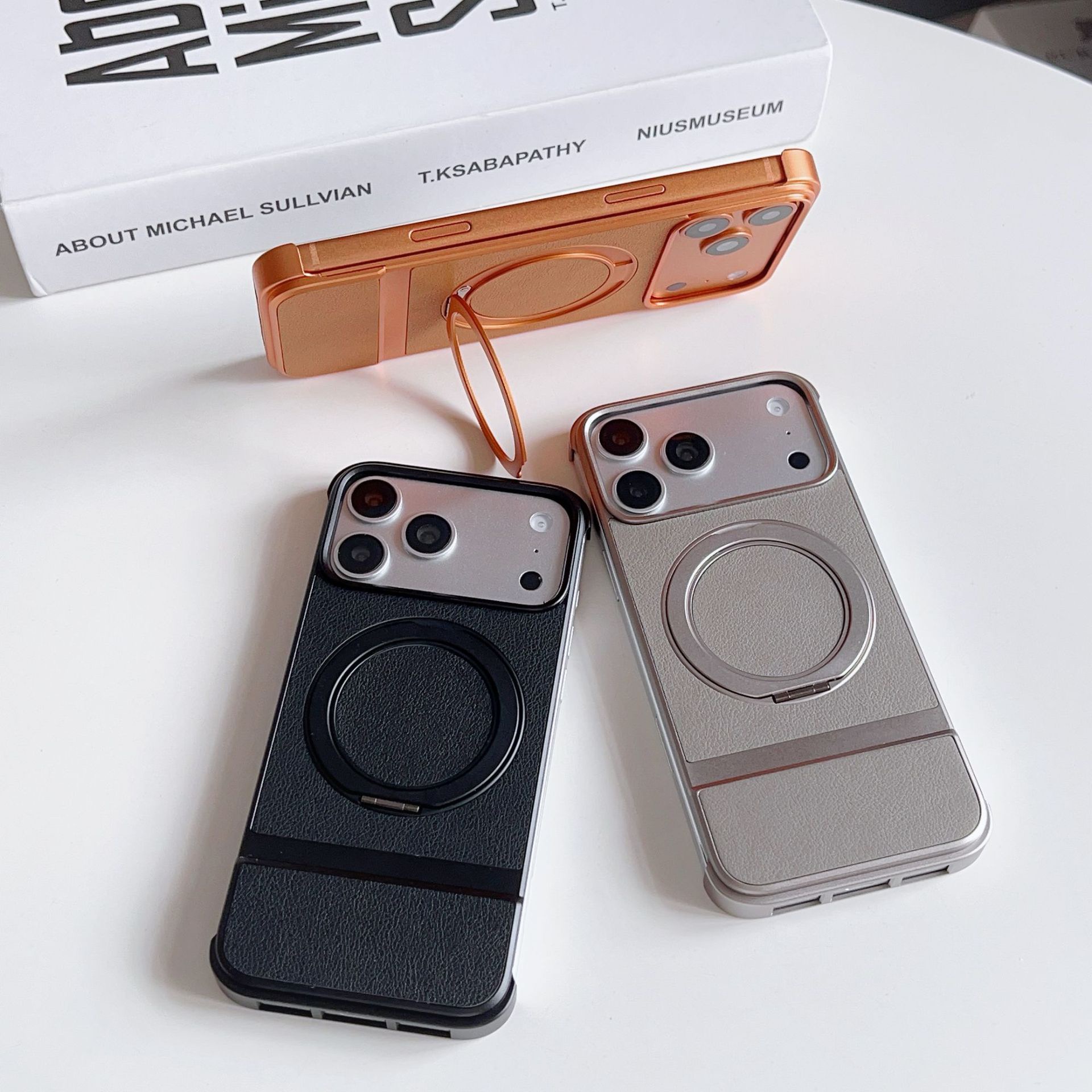 Luxury Leather Textured Telescopic Metal Magnetic Rotating Stand Phone Case