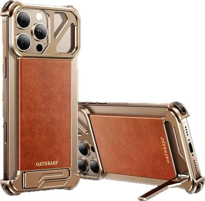 Metal Leather Hidden Bracket Magnetic Mobile Phone Case