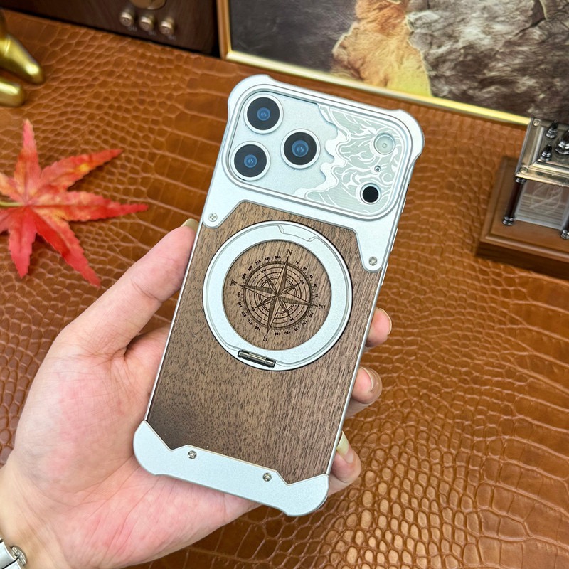 Limited Edition Year of the Horse Compass Metal Walnut Wood Rotating Stand Phone Case