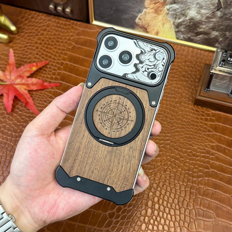 Limited Edition Year of the Horse Compass Metal Walnut Wood Rotating Stand Phone Case