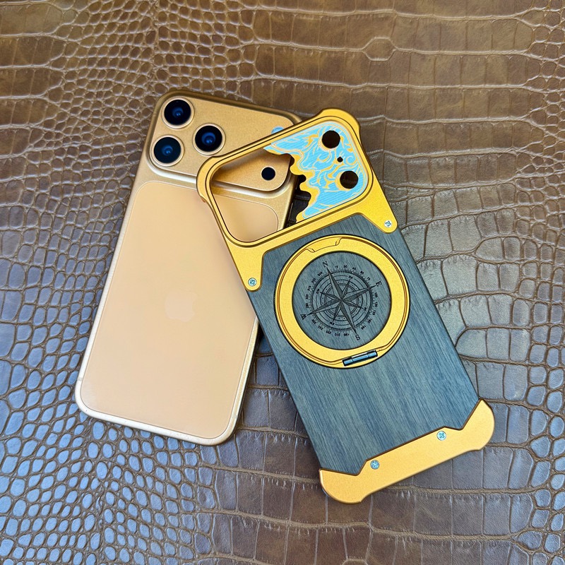 Limited Edition Year of the Horse Compass Metal Walnut Wood Rotating Stand Phone Case