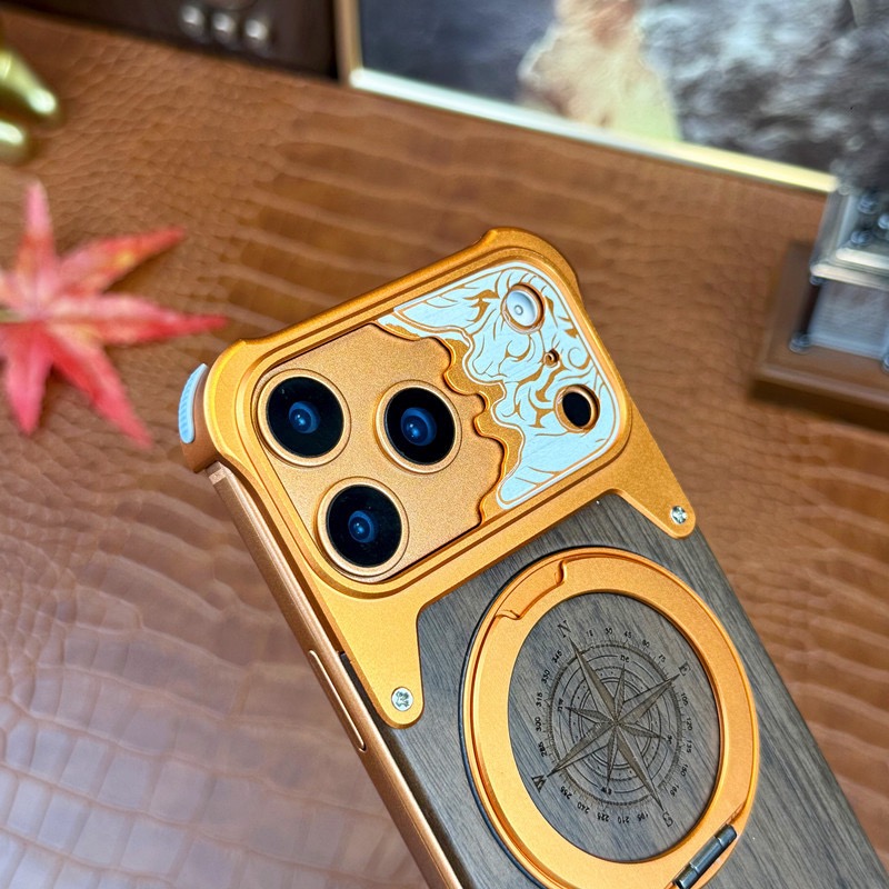 Limited Edition Year of the Horse Compass Metal Walnut Wood Rotating Stand Phone Case