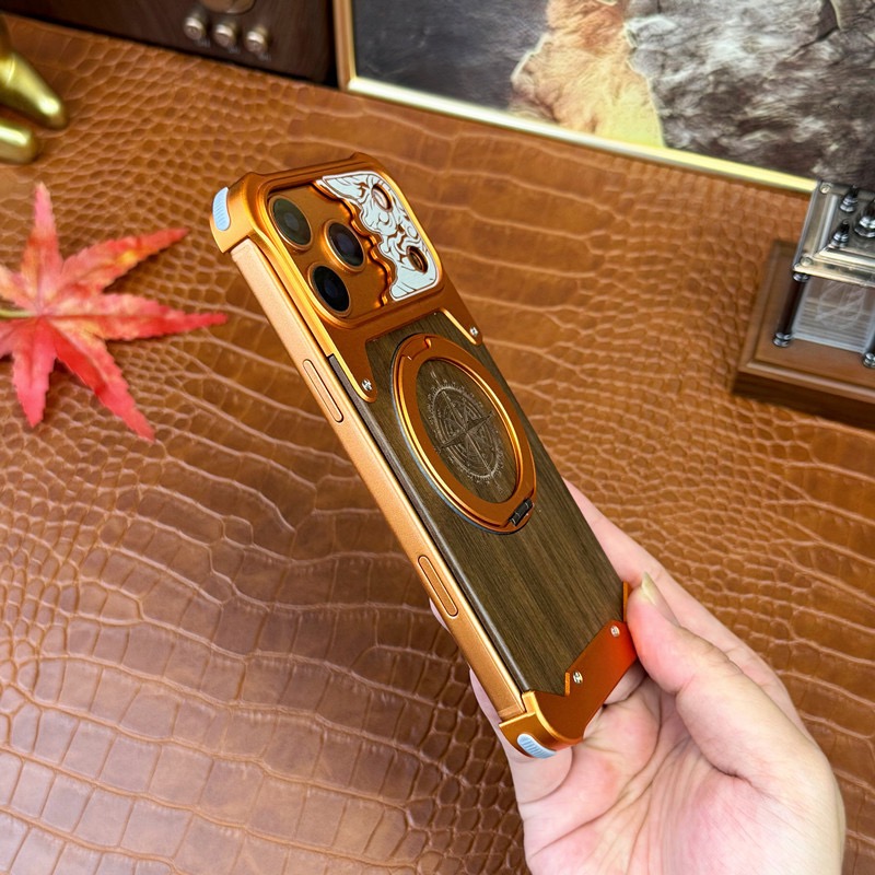 Limited Edition Year of the Horse Compass Metal Walnut Wood Rotating Stand Phone Case
