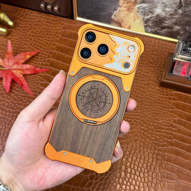Limited Edition Year of the Horse Compass Metal Walnut Wood Rotating Stand Phone Case