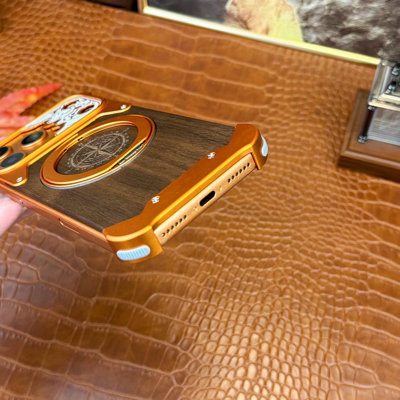 Limited Edition Year of the Horse Compass Metal Walnut Wood Rotating Stand Phone Case