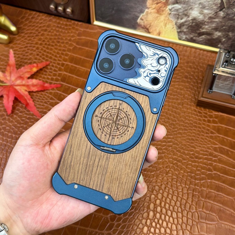Limited Edition Year of the Horse Compass Metal Walnut Wood Rotating Stand Phone Case