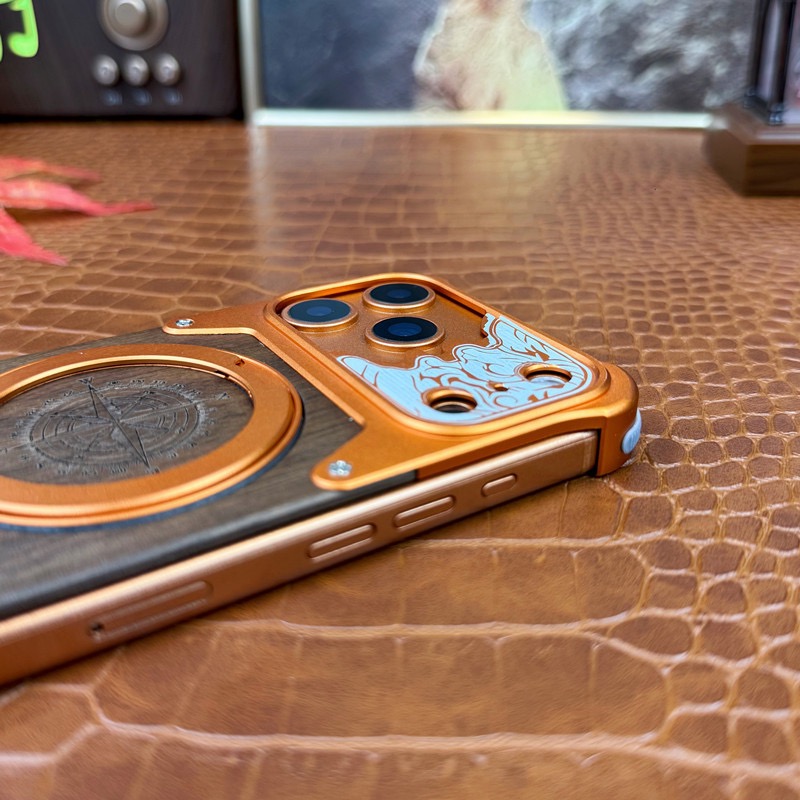 Limited Edition Year of the Horse Compass Metal Walnut Wood Rotating Stand Phone Case