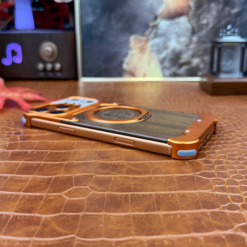 Limited Edition Year of the Horse Compass Metal Walnut Wood Rotating Stand Phone Case