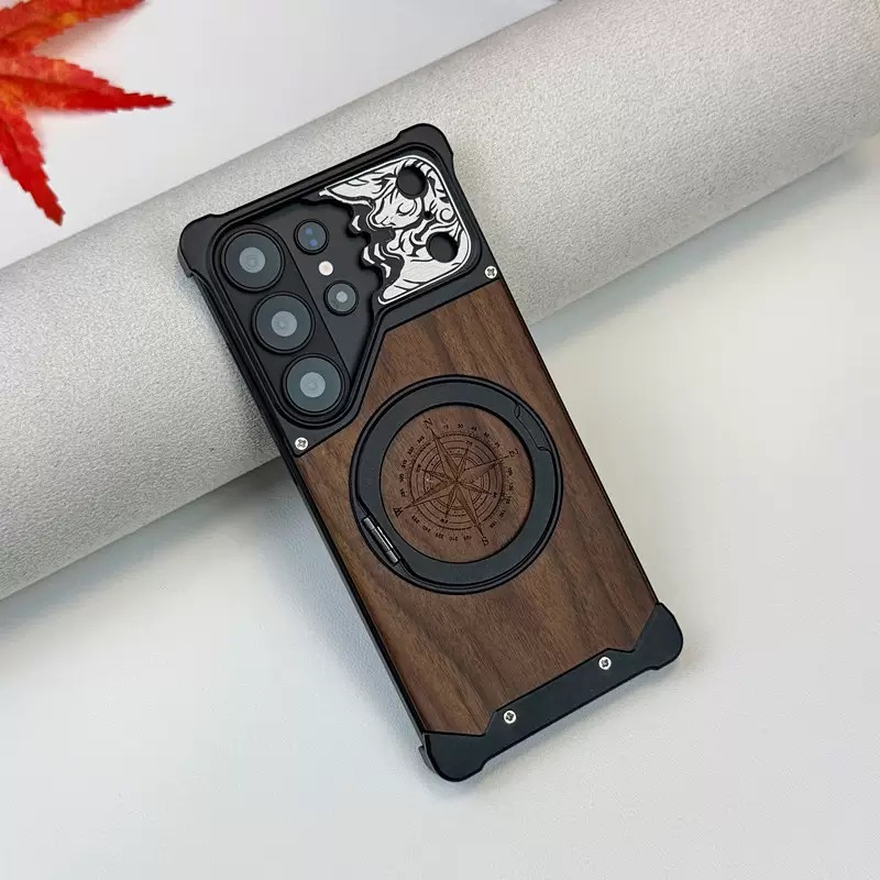 Limited Edition Year of the Horse Compass Metal Walnut Wood Rotating Stand Phone Case