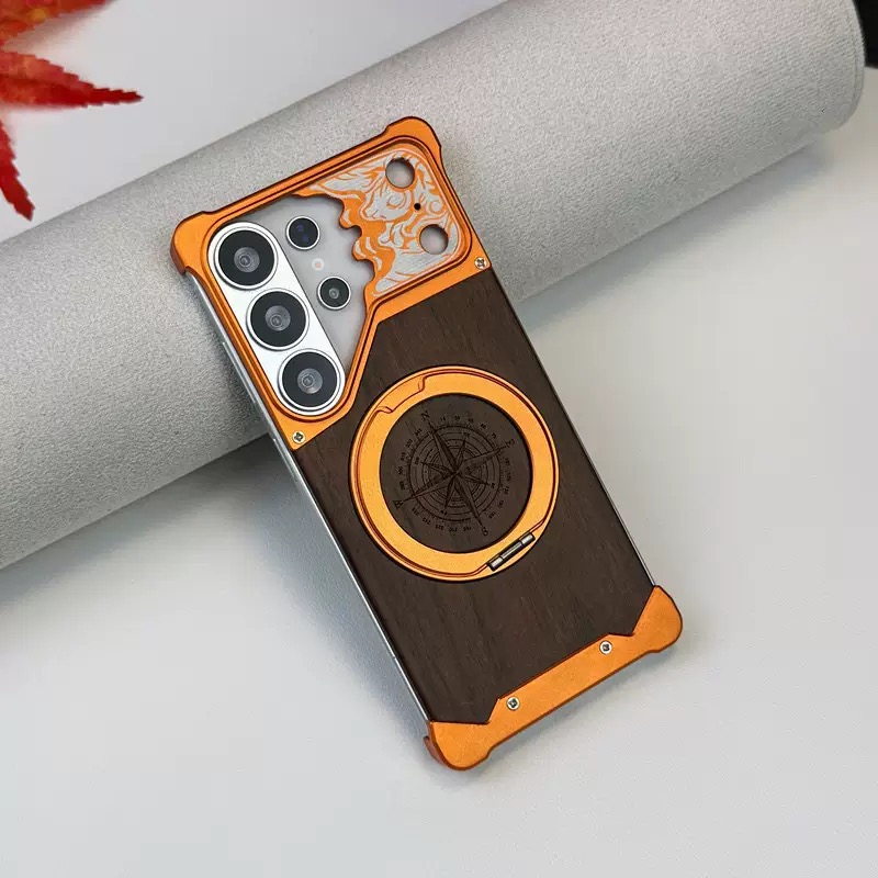 Limited Edition Year of the Horse Compass Metal Walnut Wood Rotating Stand Phone Case