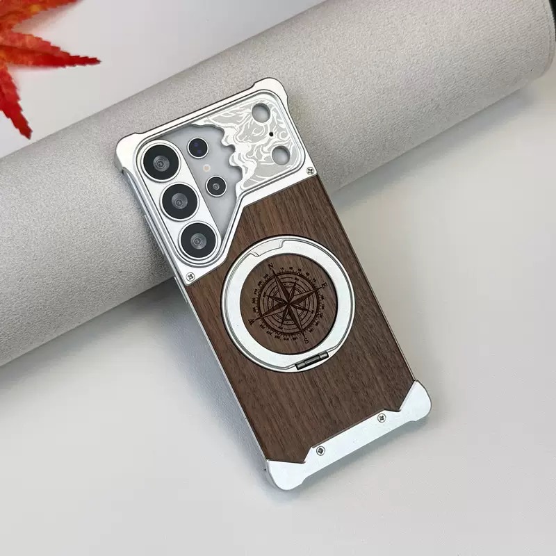 Limited Edition Year of the Horse Compass Metal Walnut Wood Rotating Stand Phone Case