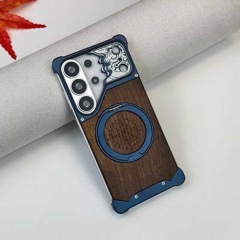 Limited Edition Year of the Horse Compass Metal Walnut Wood Rotating Stand Phone Case