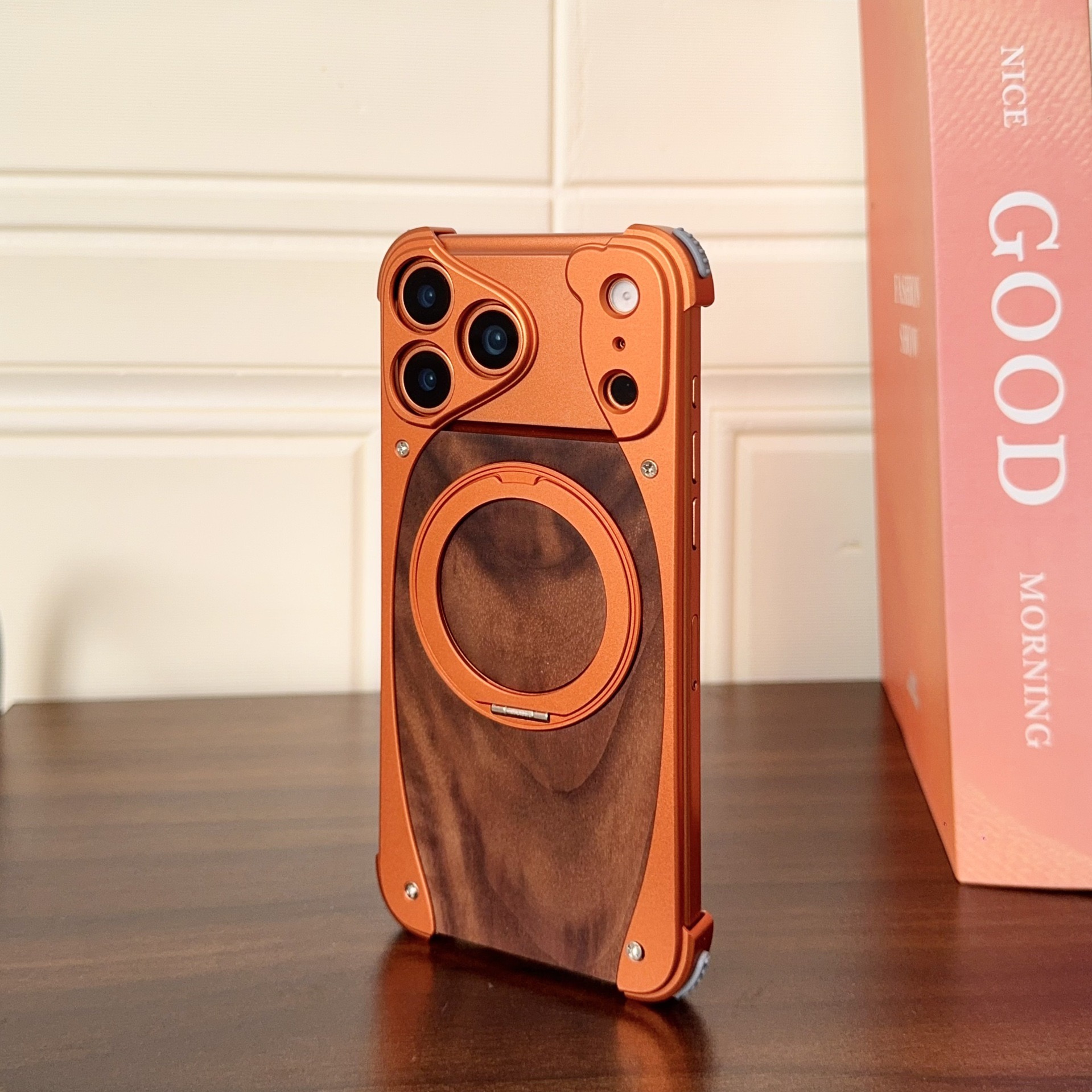 Unique spliced ​​metal walnut wood magnetic phone case