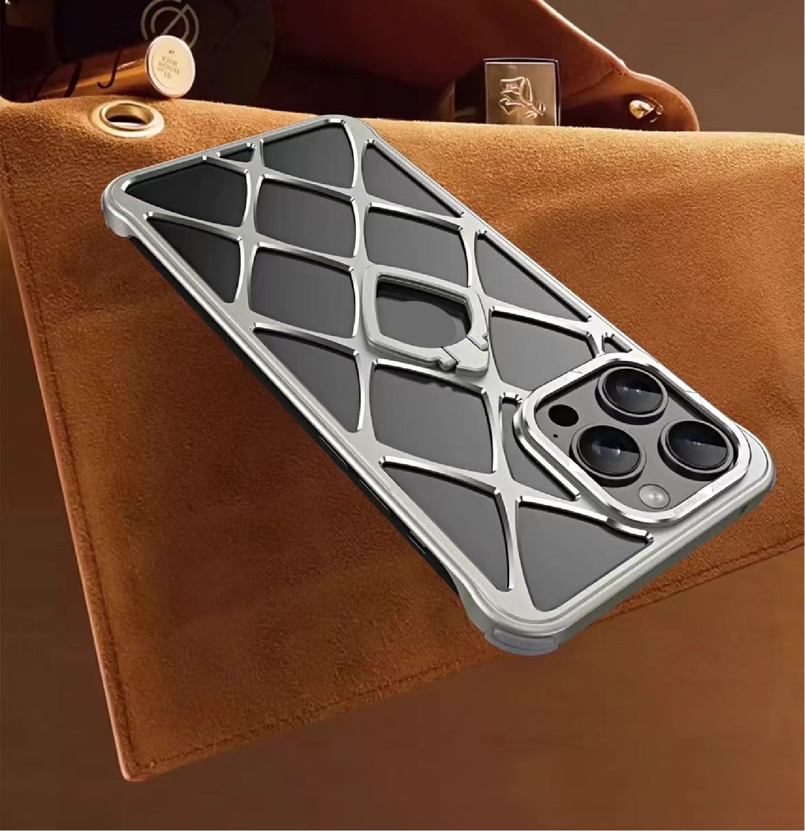 Alloy Diamond Grid Invisible Bracket Mobile Phone Case