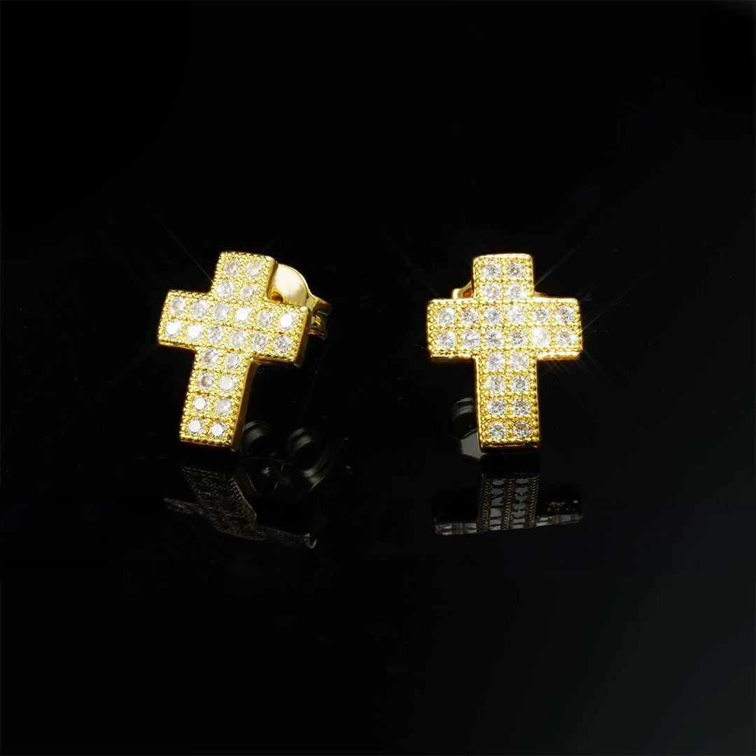 Gold-Plated CZ Cross Hip Hop Stud Earring