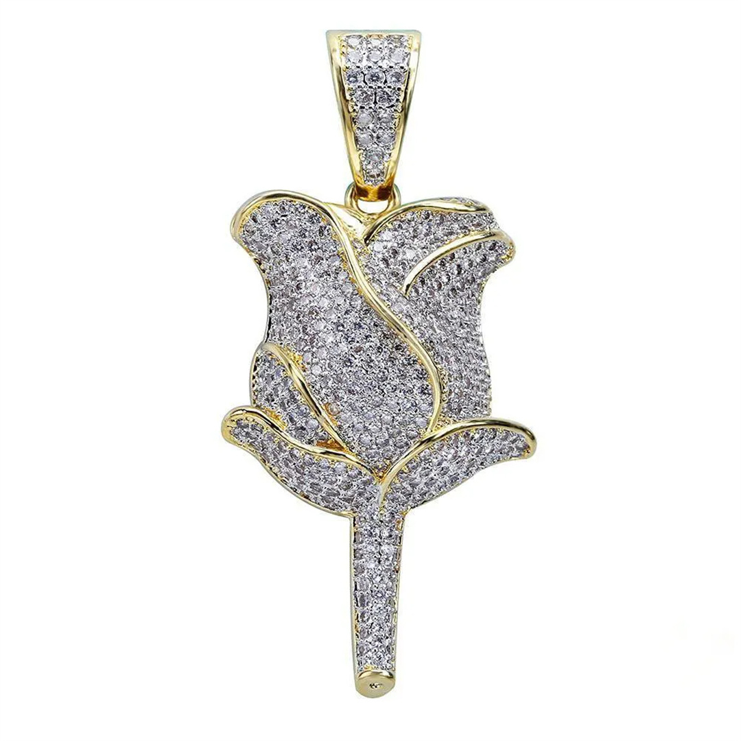30mm  Iced Gold-Plated CZ  Rose Pendant & Cuban Link Chain