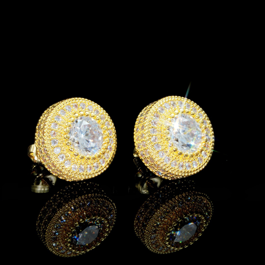 925 Sterling Gold-Plated/Silver Iced Round Shape 12mm Hip Hop Earrings