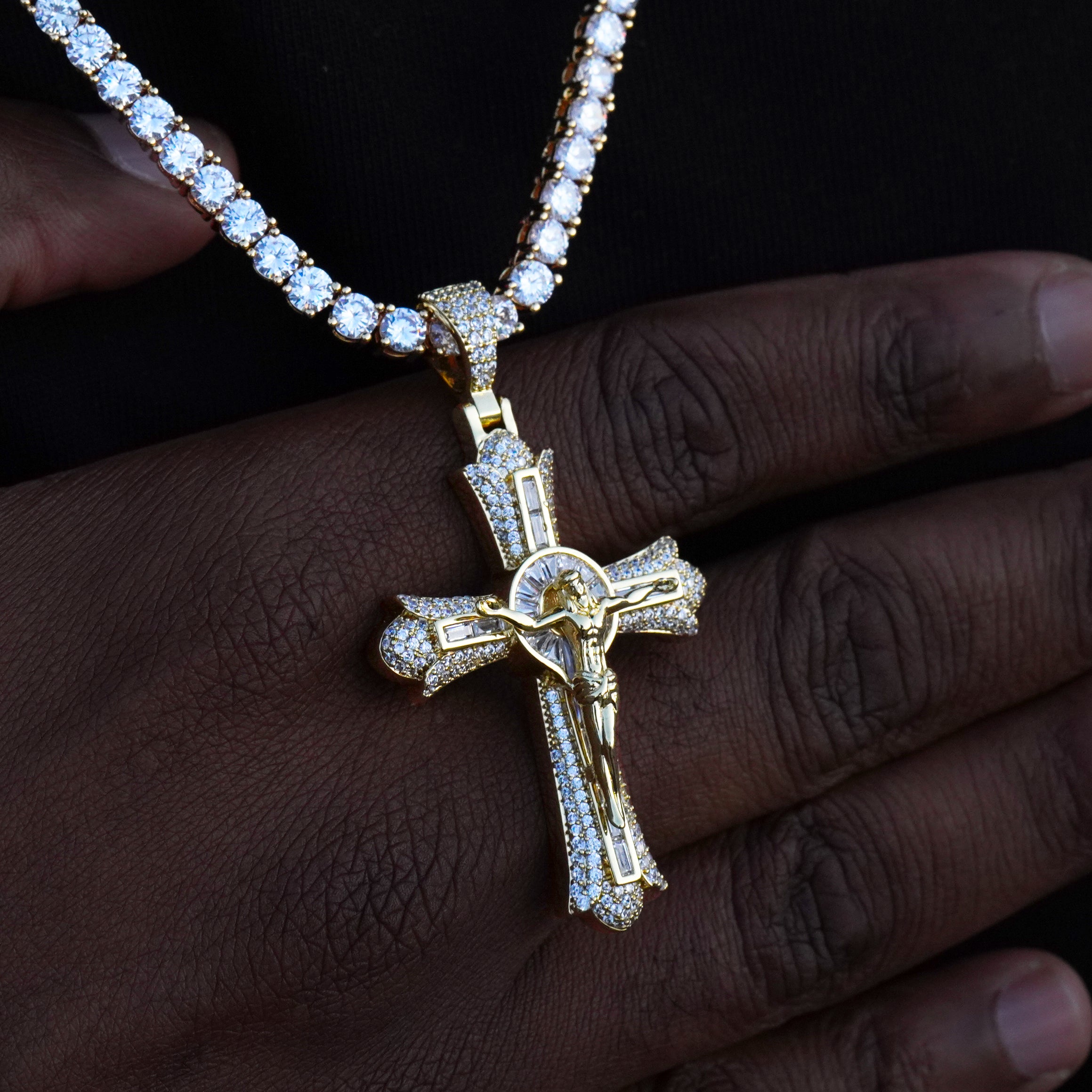 Jesus Crucifix Baguette Cross 18K Necklace