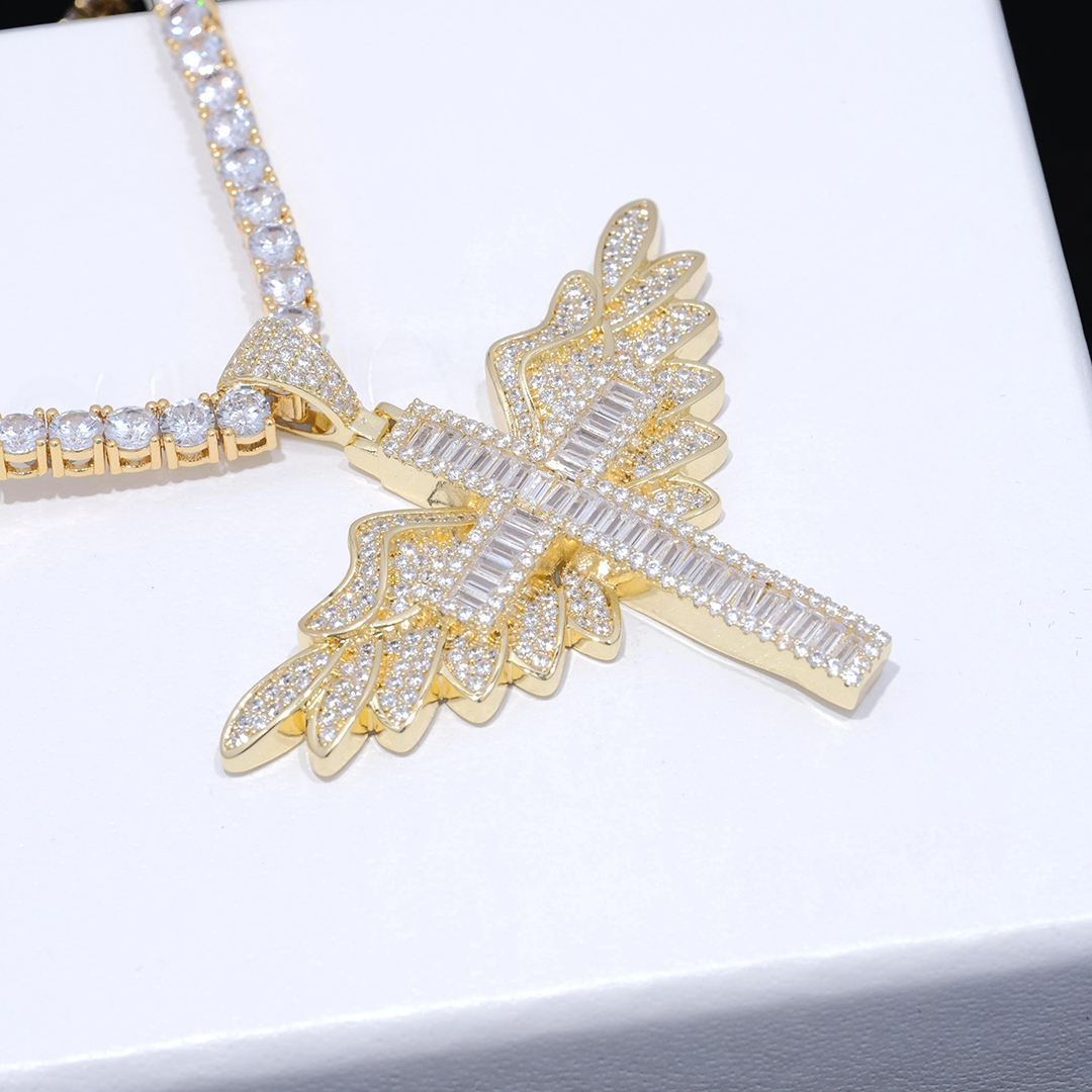 Baguette Iced Cross With Wing Necklace