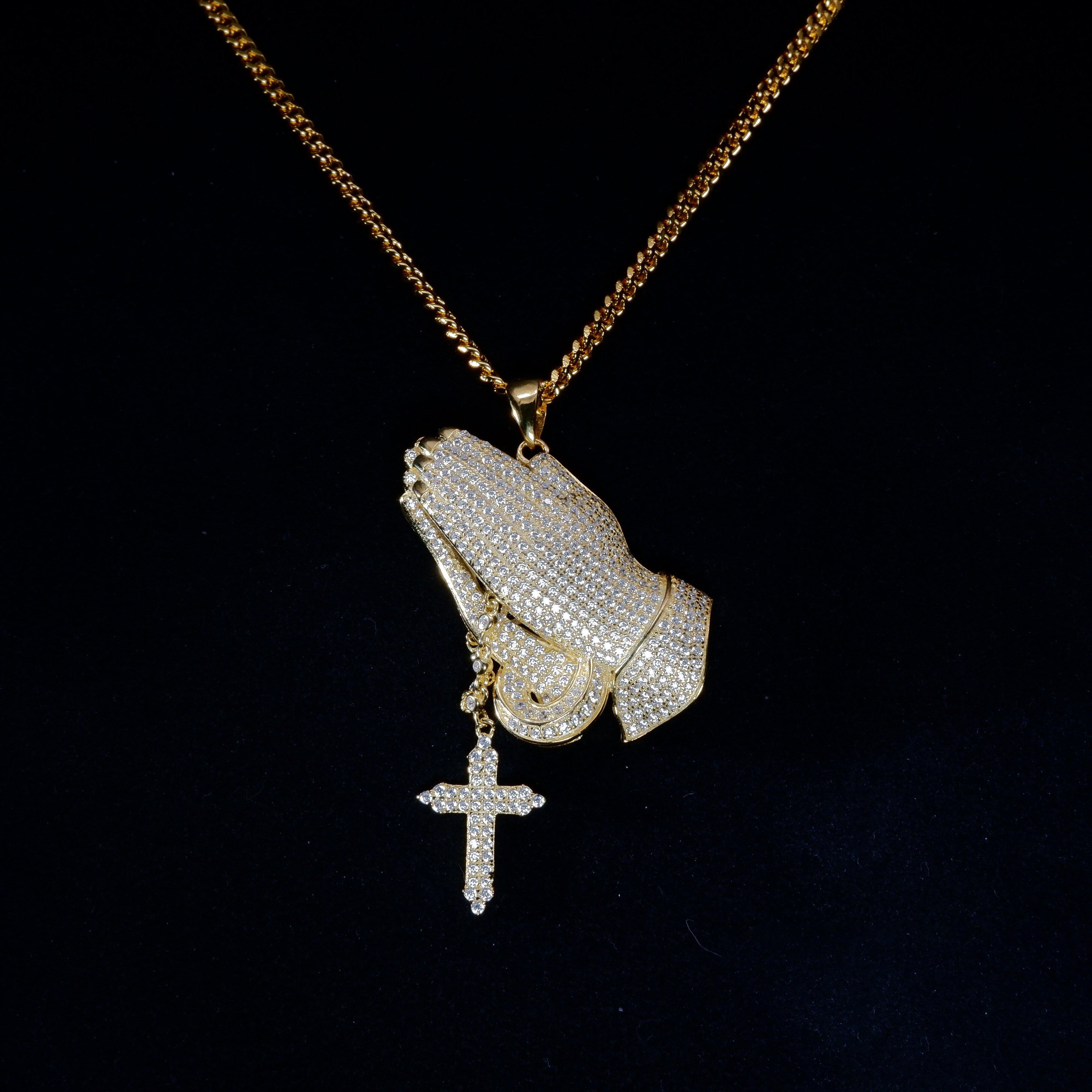 S925 Silver Iced  Praying hand BlingBling Pendant In Gold-Plated
