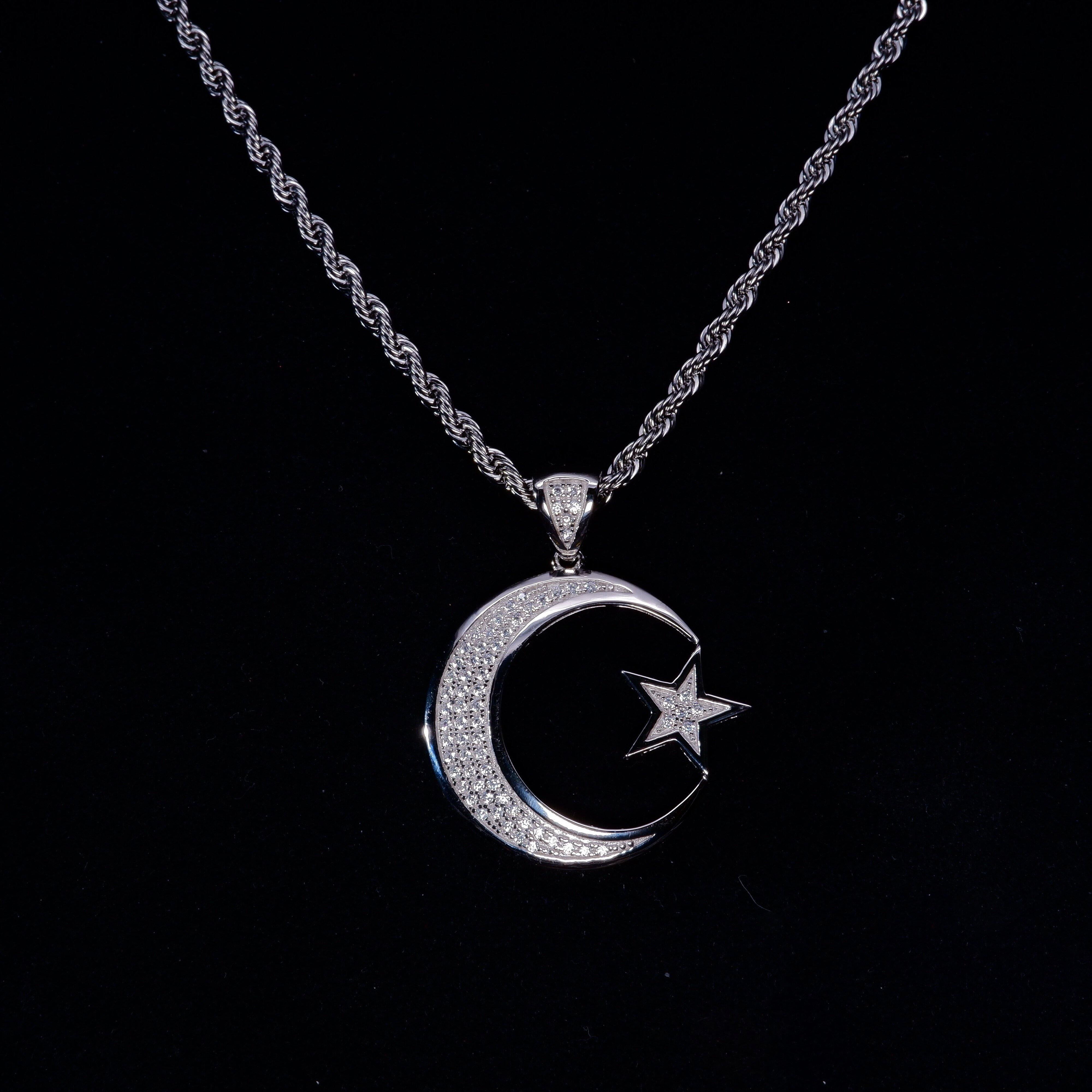 S925 Silver Diamond Moon & Star BlingBling Iced  Pendant In WhiteGold-Plated