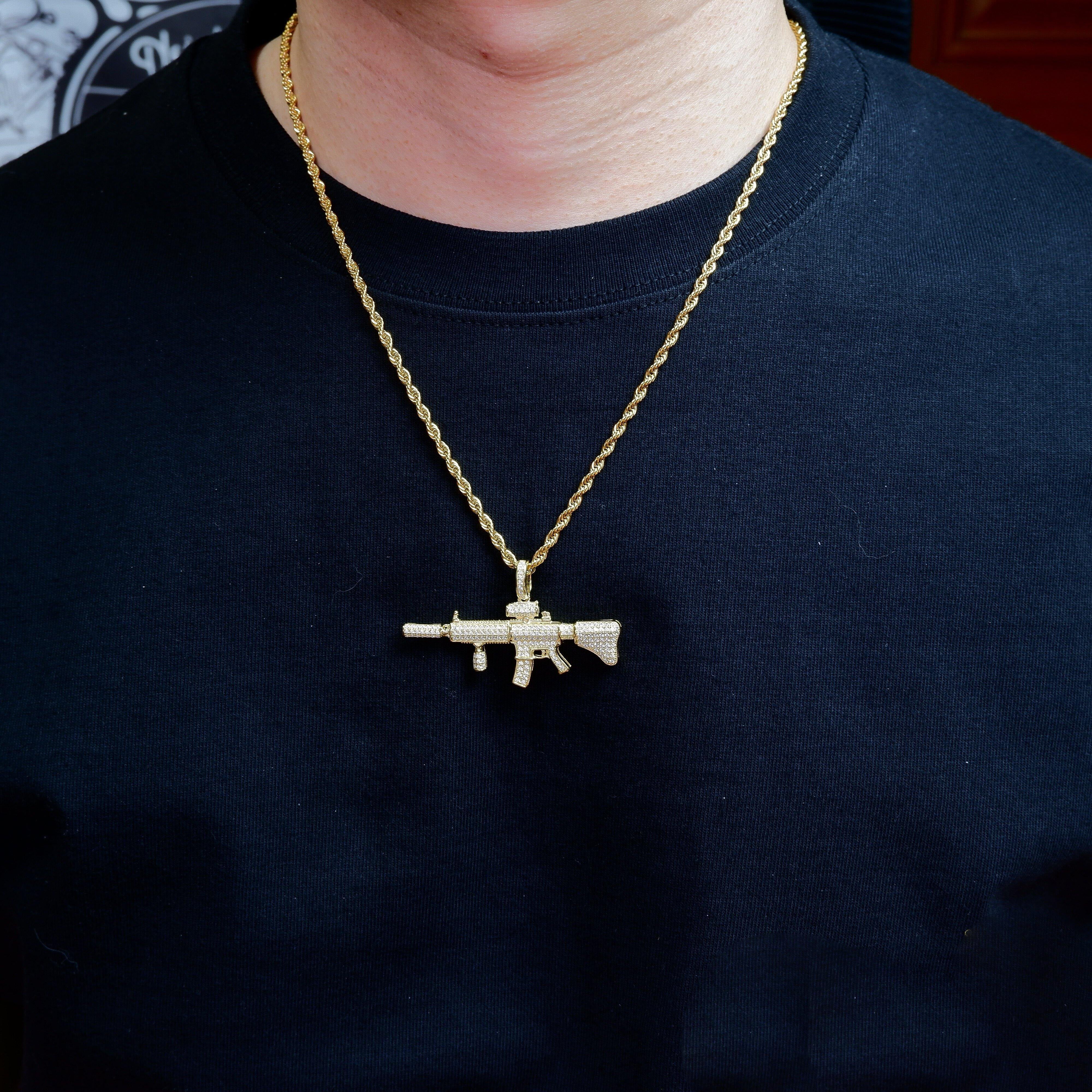 S925 Silver Diamond M4 Carbine Gun BlingBling Iced Pendant In Gold-Plated