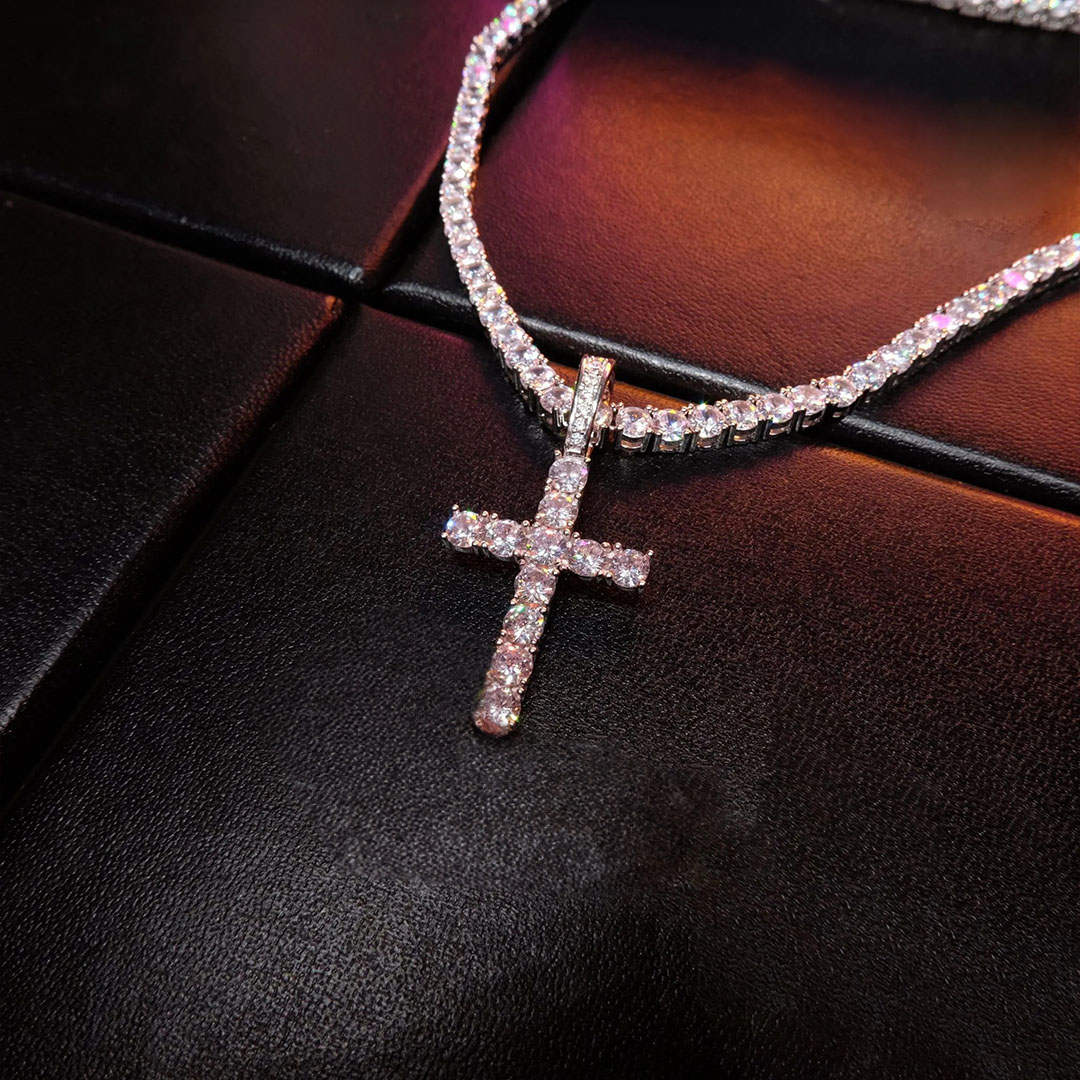 925 Sterling Silver Micro-inlay AAA CZ Cross Hip Hop Necklace