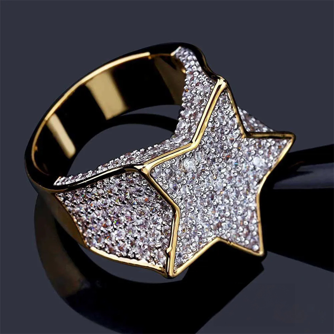 Gold-Plated Micro-inlay CZ Pentagram Ring