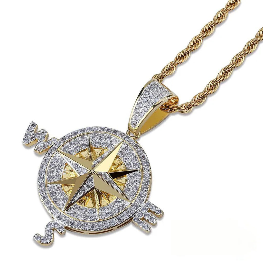 Iced Two-tone 45mm Gold-Plated  CZ  Compass  Pendant $ Cuban Link Chain