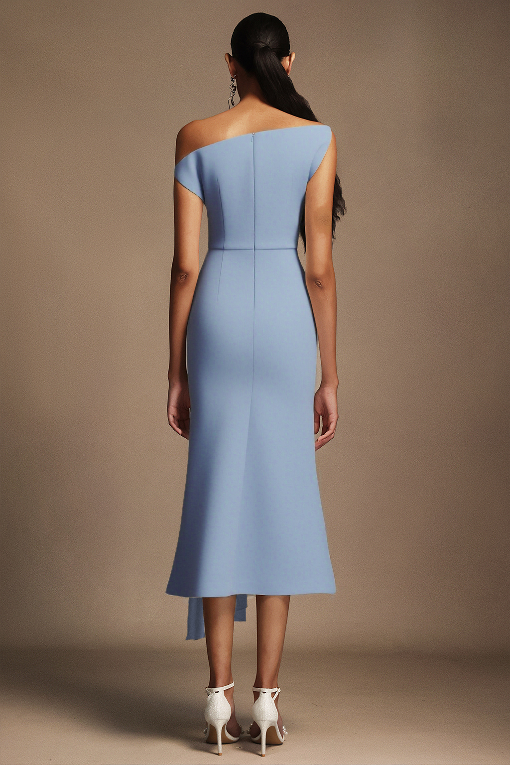 Paulina Oblique Shoulder Sleeveless Folds Blue Midi Dress
