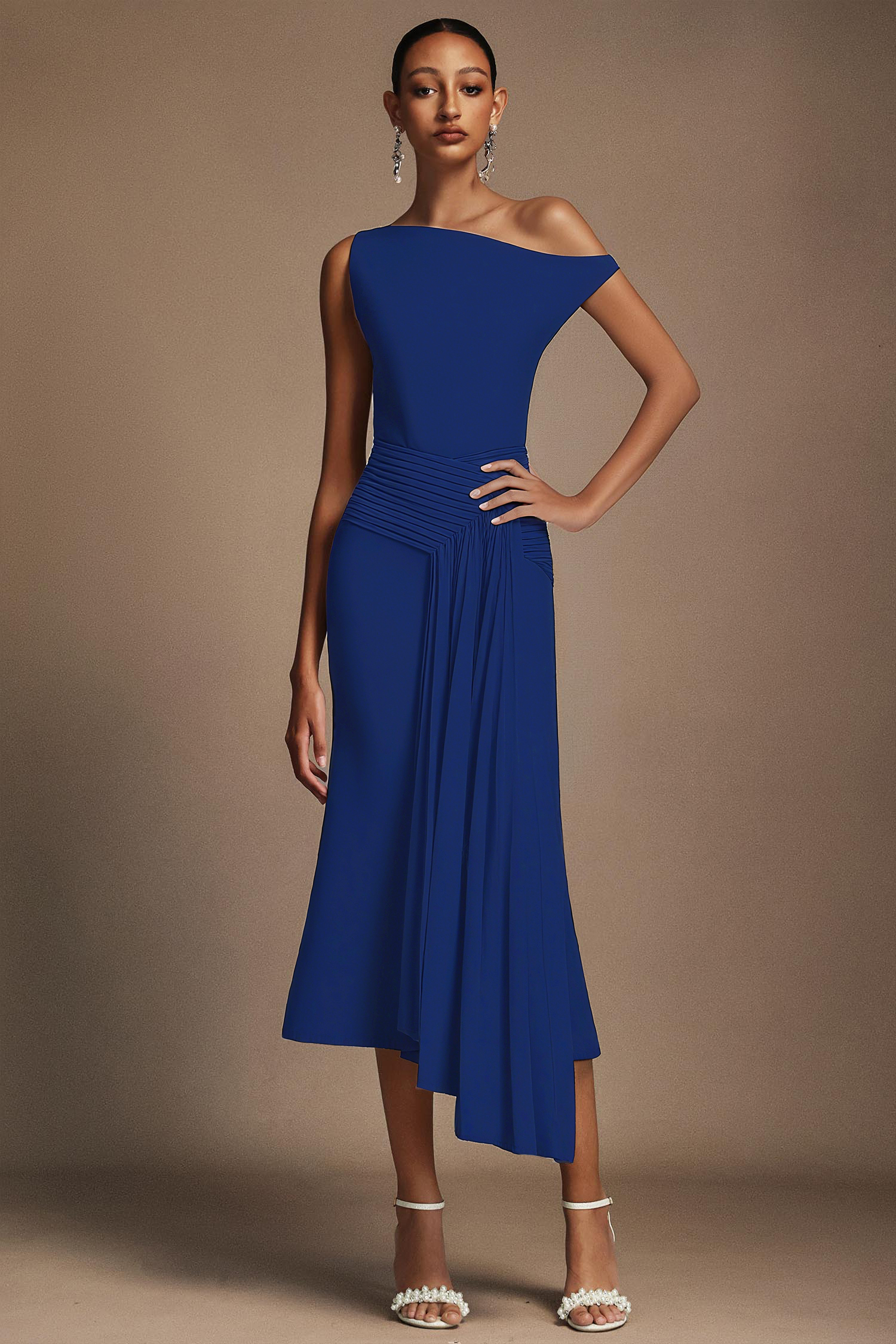 Paulina Oblique Shoulder Sleeveless Folds RoyalBlue Midi Dress