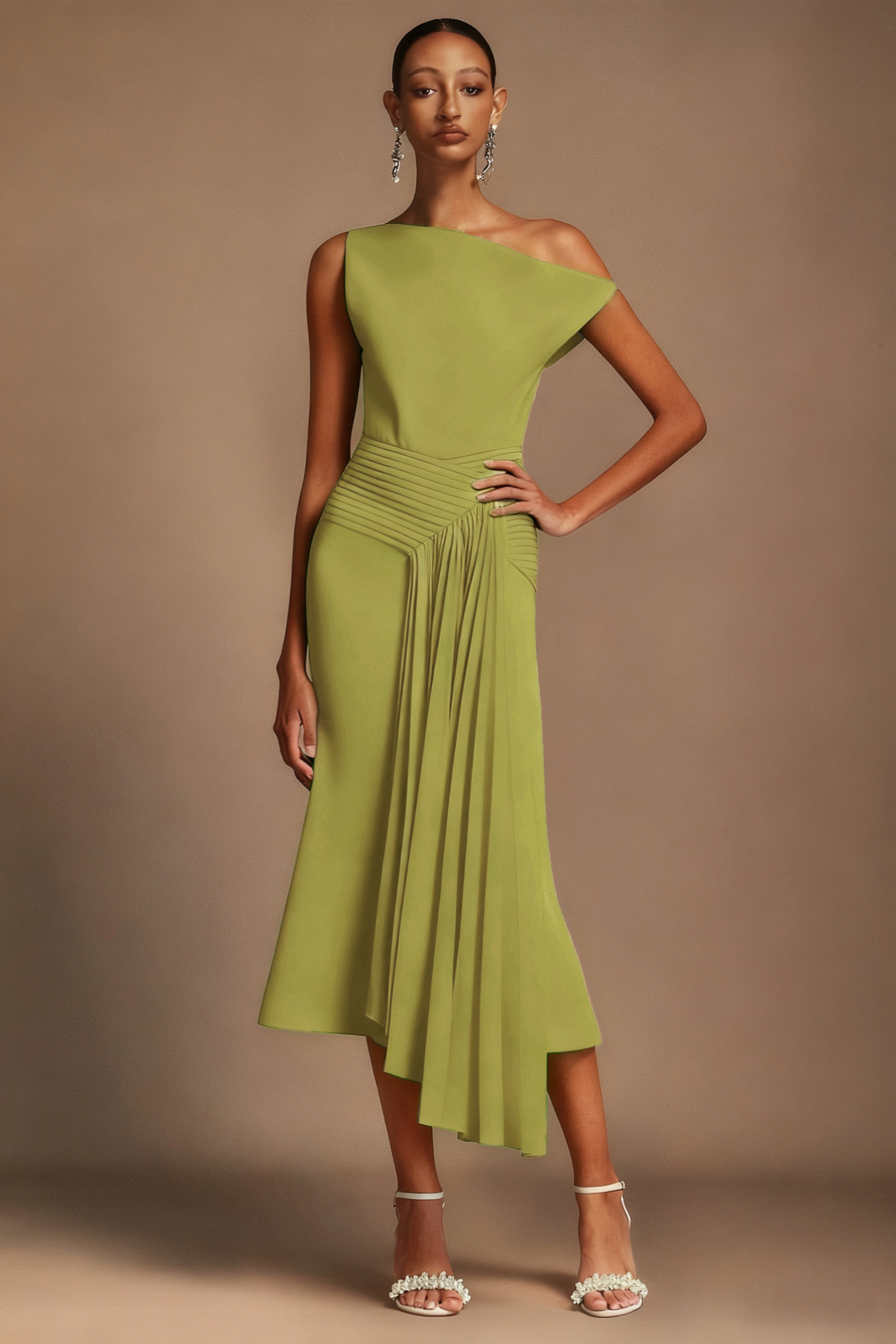 Paulina Oblique Shoulder Sleeveless Folds Mustard Midi Dress